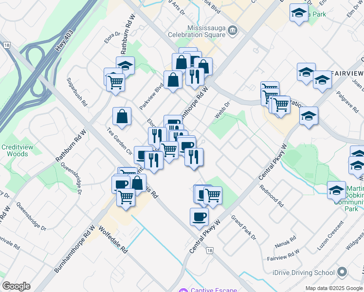 map of restaurants, bars, coffee shops, grocery stores, and more near 3975 Grand Park Drive in Mississauga