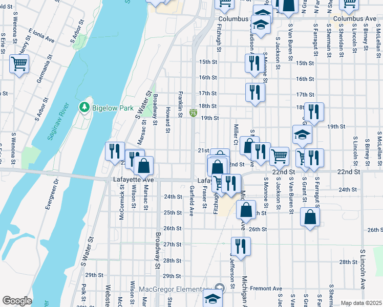 map of restaurants, bars, coffee shops, grocery stores, and more near 1001-1099 Garfield Ave in Bay City