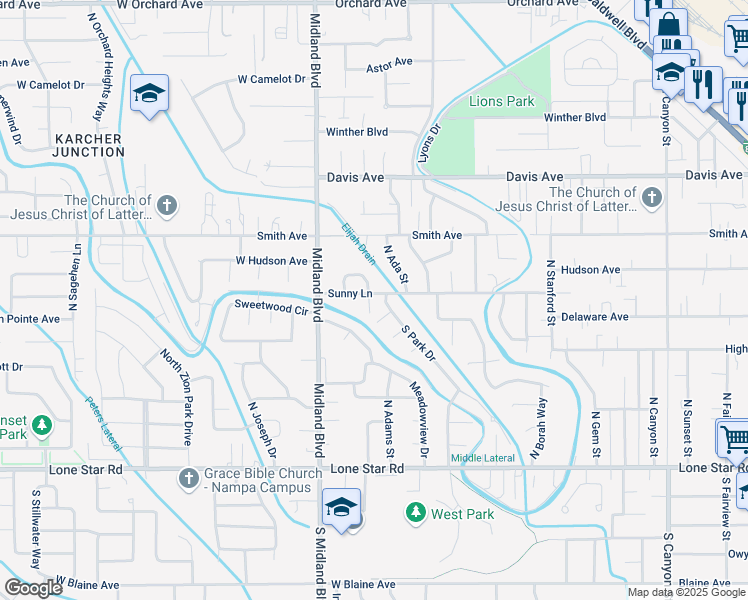 map of restaurants, bars, coffee shops, grocery stores, and more near 903 Sunny Lane in Nampa