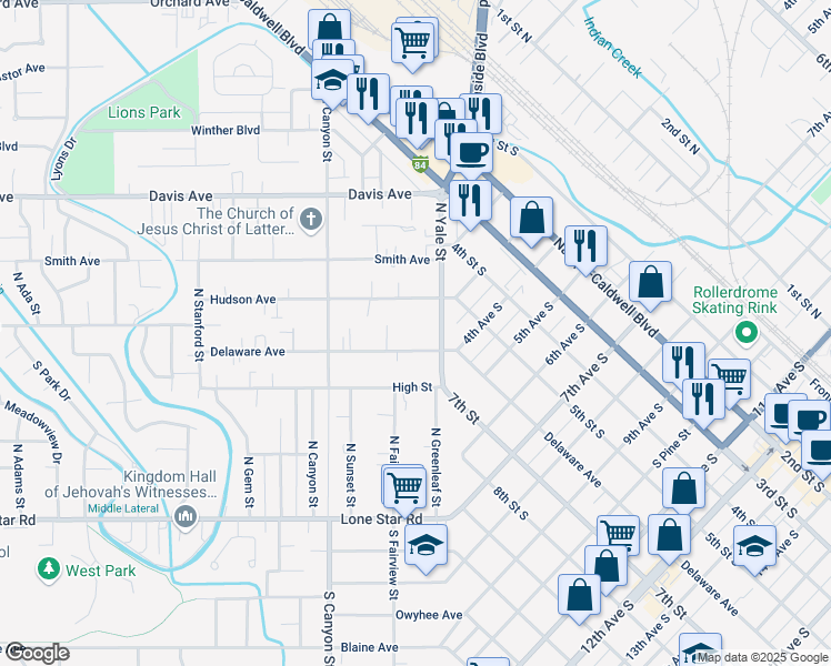 map of restaurants, bars, coffee shops, grocery stores, and more near 114 Delaware Avenue in Nampa