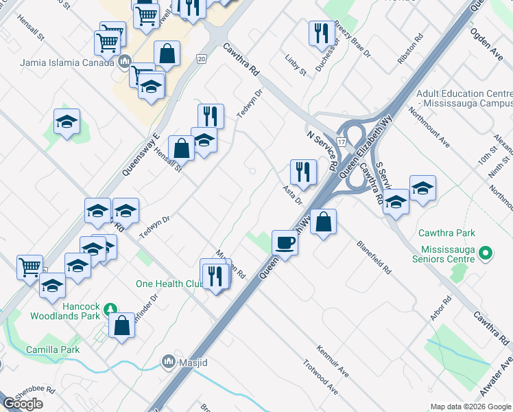 map of restaurants, bars, coffee shops, grocery stores, and more near 531 Selsey Drive in Mississauga