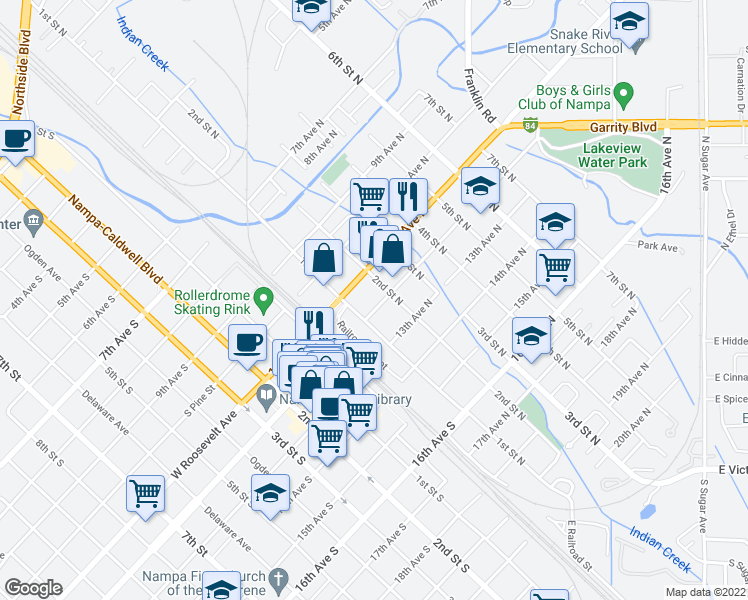 map of restaurants, bars, coffee shops, grocery stores, and more near 119 12th Ave N in Nampa