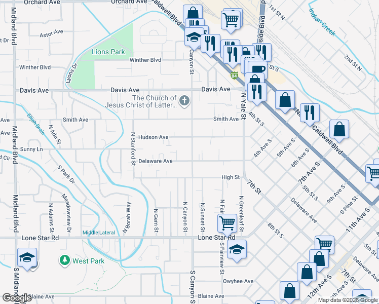 map of restaurants, bars, coffee shops, grocery stores, and more near 69 North Canyon Street in Nampa
