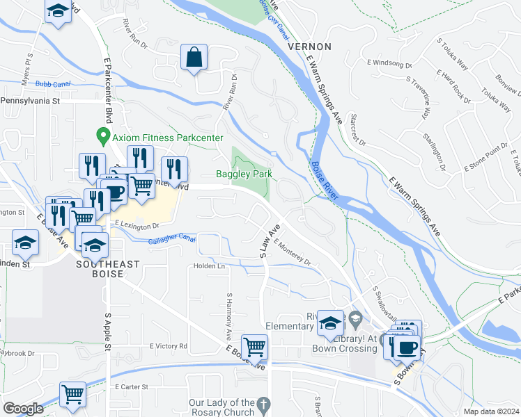 map of restaurants, bars, coffee shops, grocery stores, and more near 2444 South Mariner Way in Boise