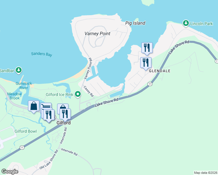 map of restaurants, bars, coffee shops, grocery stores, and more near 3 Davis Road in Gilford