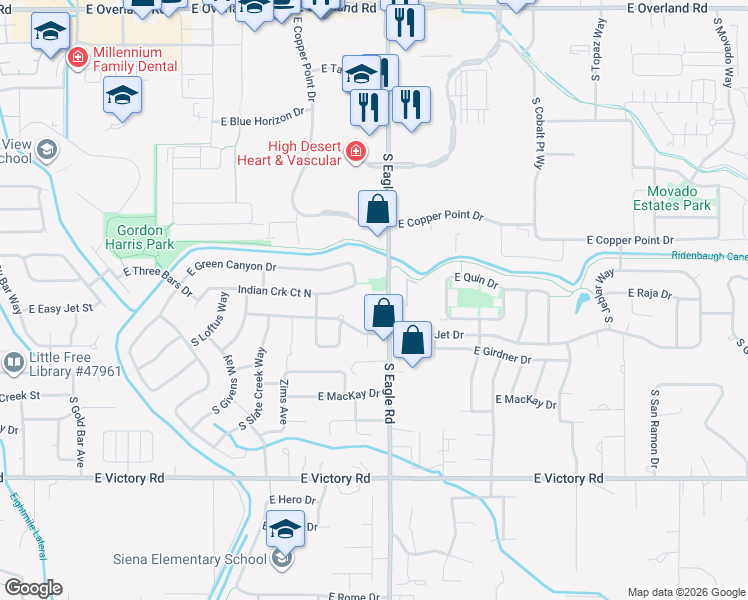map of restaurants, bars, coffee shops, grocery stores, and more near 2630 Hood Ranch Avenue in Meridian