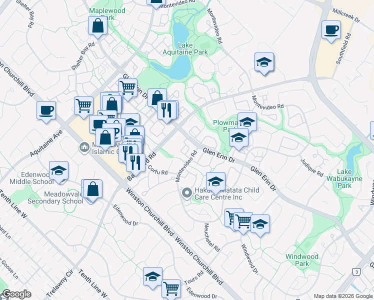 map of restaurants, bars, coffee shops, grocery stores, and more near 6520 Glen Erin Drive in Mississauga