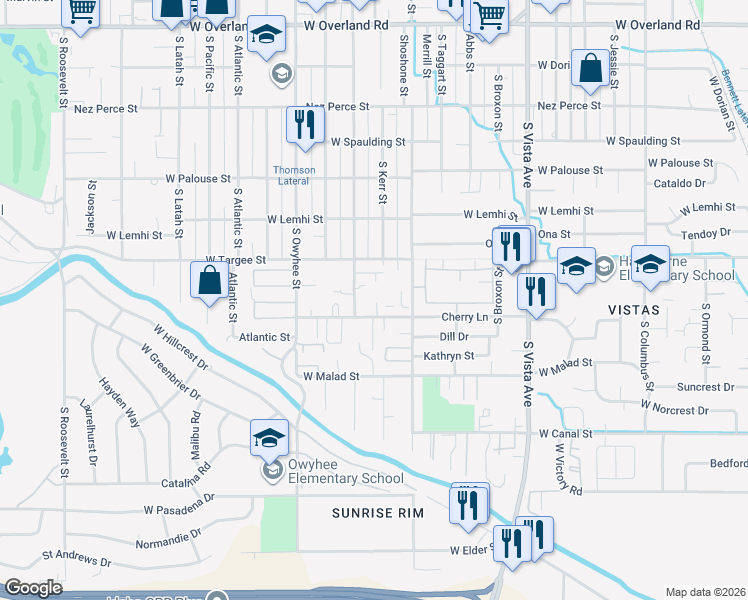 map of restaurants, bars, coffee shops, grocery stores, and more near 3100 Cherry Lane in Boise
