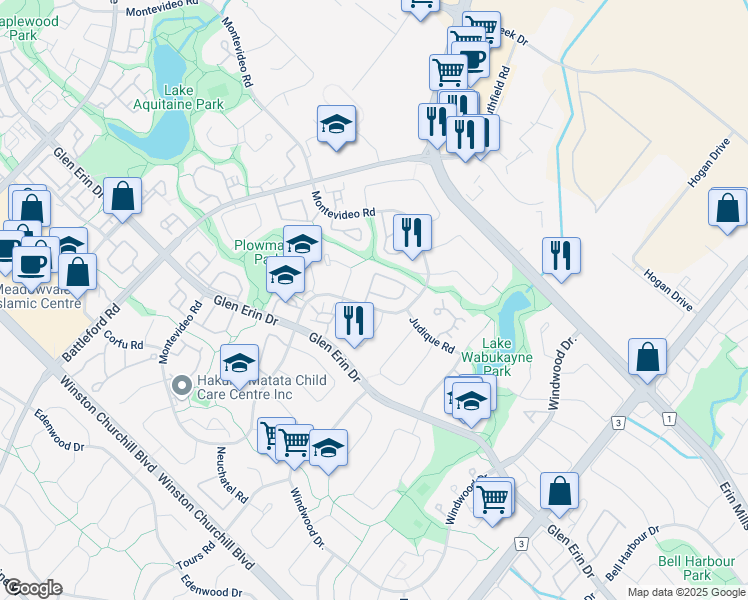 map of restaurants, bars, coffee shops, grocery stores, and more near 6040 Montevideo Road in Mississauga