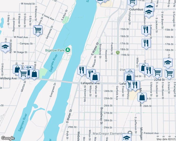 map of restaurants, bars, coffee shops, grocery stores, and more near 1029 South Water Street in Bay City