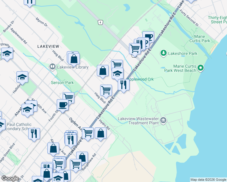 map of restaurants, bars, coffee shops, grocery stores, and more near 1015 Orchard Road in Mississauga
