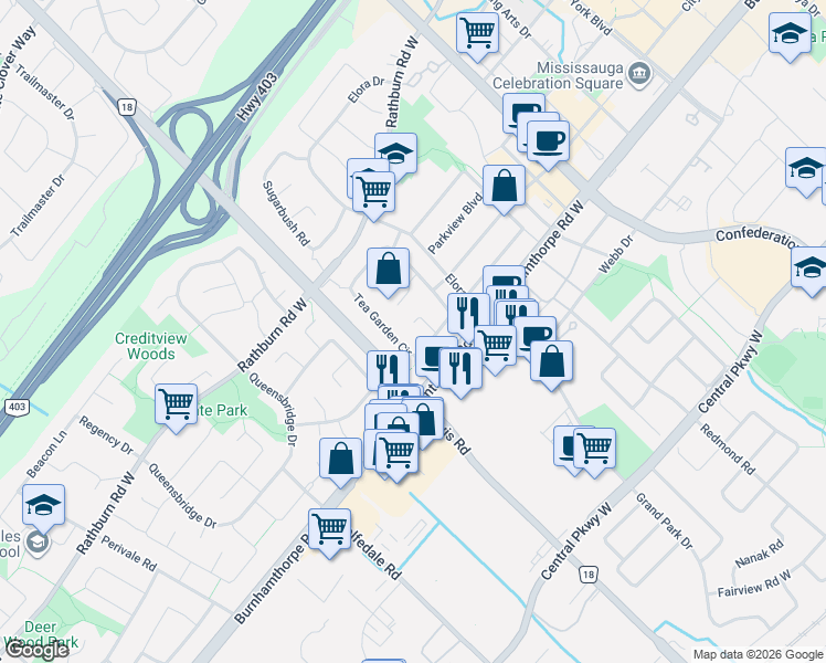 map of restaurants, bars, coffee shops, grocery stores, and more near 4070 Pavillion Court in Mississauga