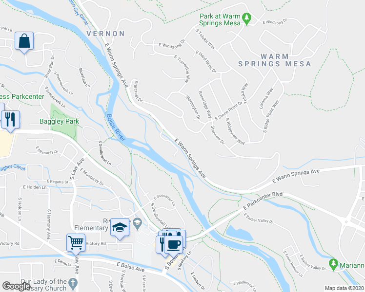 map of restaurants, bars, coffee shops, grocery stores, and more near East Warm Springs Avenue in Boise