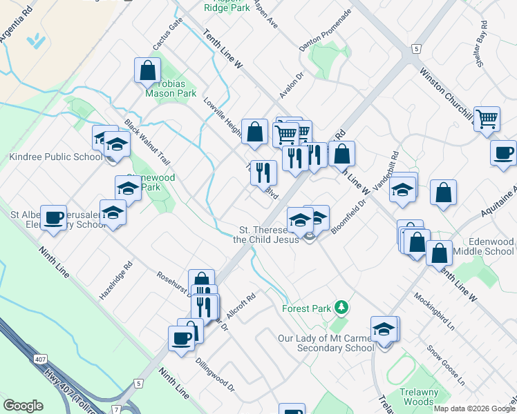map of restaurants, bars, coffee shops, grocery stores, and more near 7210 Triumph Lane in Mississauga