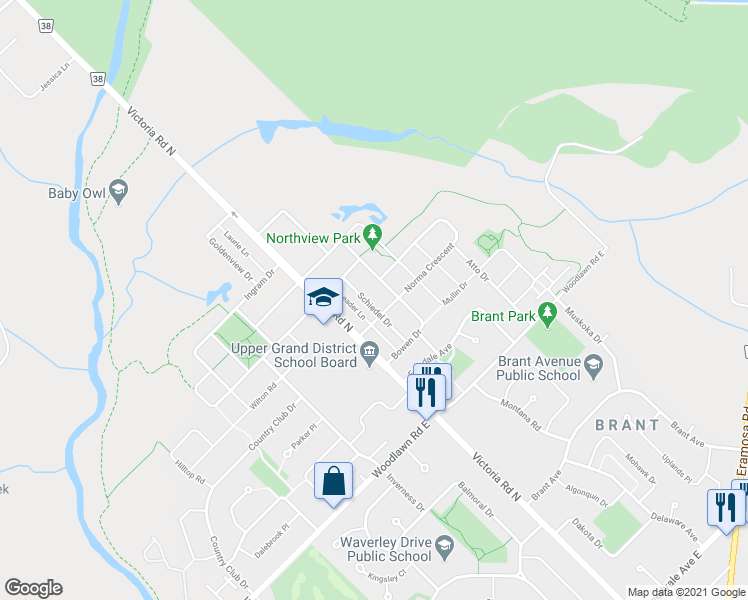 map of restaurants, bars, coffee shops, grocery stores, and more near 43 Schiedel Drive in Guelph