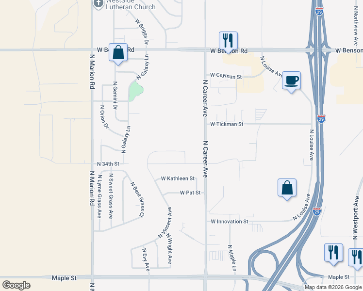 map of restaurants, bars, coffee shops, grocery stores, and more near 4500 West 35th Street North in Sioux Falls