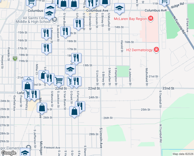 map of restaurants, bars, coffee shops, grocery stores, and more near 1007 South Lincoln Street in Bay City