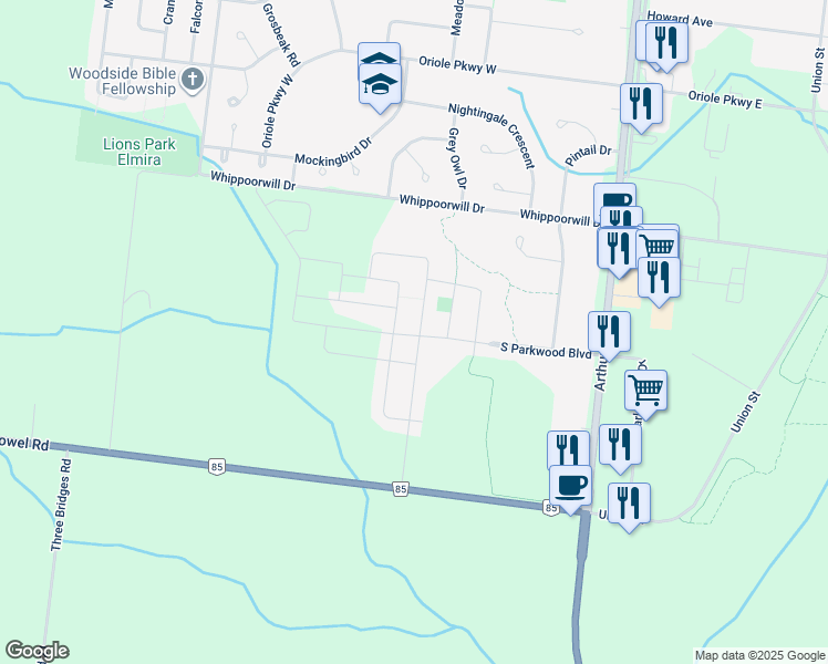 map of restaurants, bars, coffee shops, grocery stores, and more near 164 Timber Trail Road in Waterloo Regional Municipality