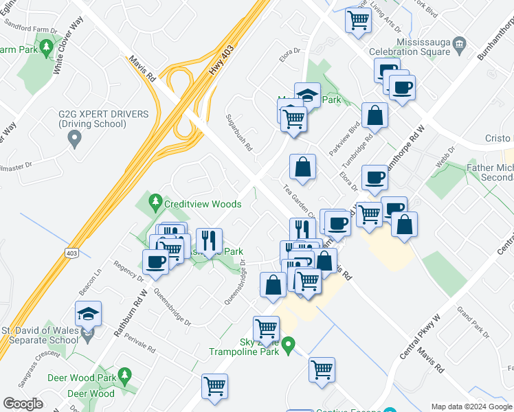 map of restaurants, bars, coffee shops, grocery stores, and more near 706 Carrying Place in Mississauga