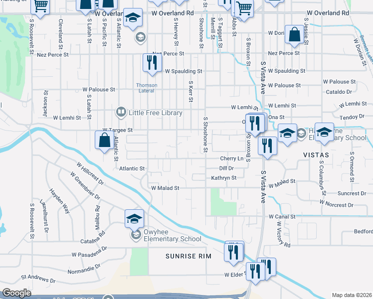 map of restaurants, bars, coffee shops, grocery stores, and more near 3100 Cherry Lane in Boise