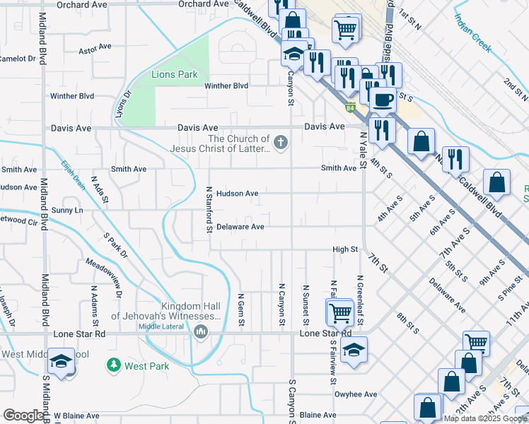 map of restaurants, bars, coffee shops, grocery stores, and more near 218 Delaware Avenue in Nampa
