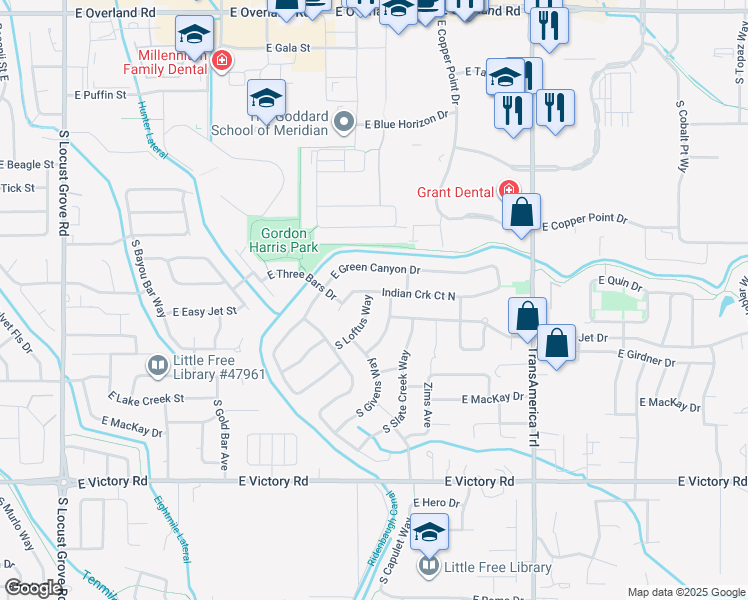 map of restaurants, bars, coffee shops, grocery stores, and more near 2627 South Burgdorf Way in Meridian