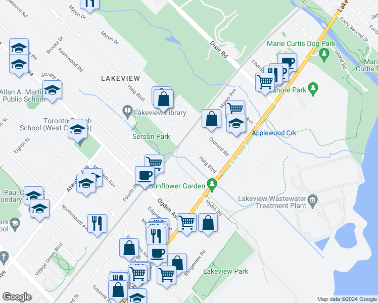 map of restaurants, bars, coffee shops, grocery stores, and more near 1084 Haig Boulevard in Mississauga