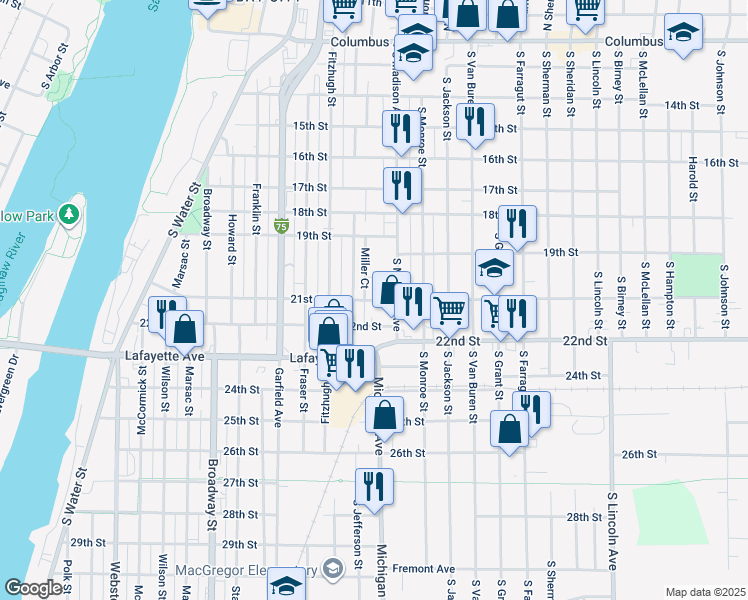 map of restaurants, bars, coffee shops, grocery stores, and more near 1021 21st Street in Bay City