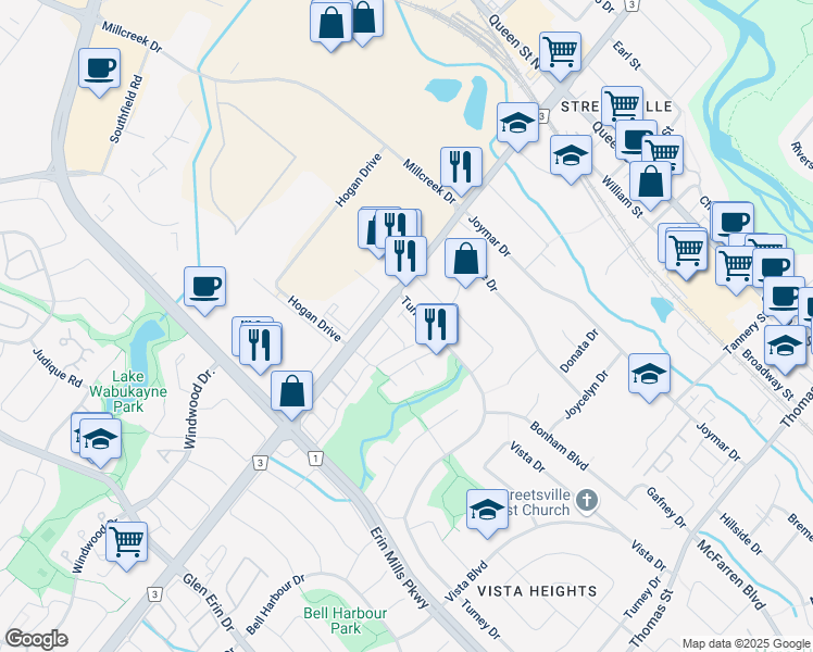map of restaurants, bars, coffee shops, grocery stores, and more near 5960 Turney Drive in Mississauga