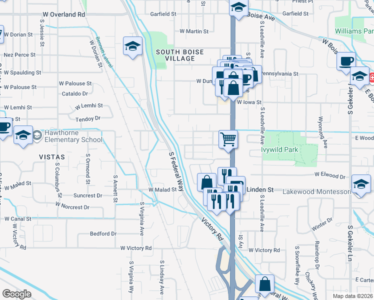 map of restaurants, bars, coffee shops, grocery stores, and more near 2416 Scarlet Street in Boise