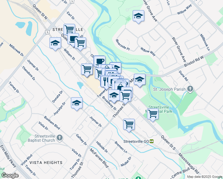 map of restaurants, bars, coffee shops, grocery stores, and more near 190 Queen Street South in Mississauga