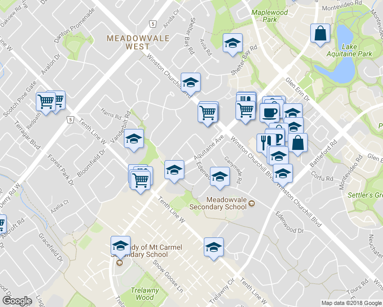 map of restaurants, bars, coffee shops, grocery stores, and more near 6884 Edenwood Drive in Mississauga