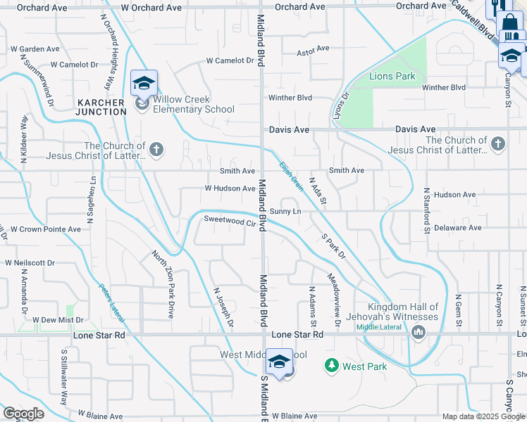 map of restaurants, bars, coffee shops, grocery stores, and more near N Midland Blvd & Sunny Ln in Nampa