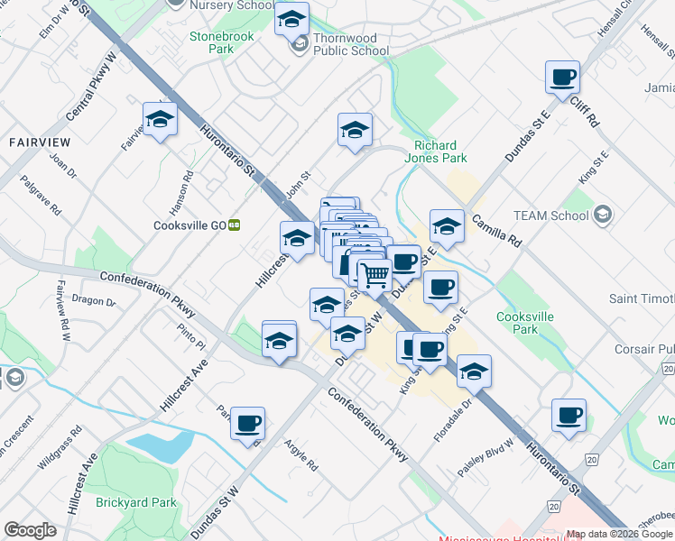map of restaurants, bars, coffee shops, grocery stores, and more near 3070B Hurontario Street in Mississauga
