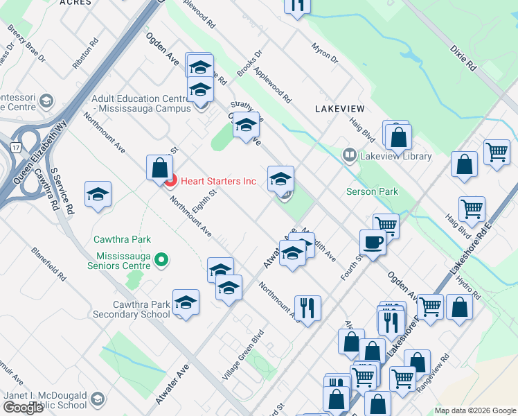 map of restaurants, bars, coffee shops, grocery stores, and more near in Mississauga