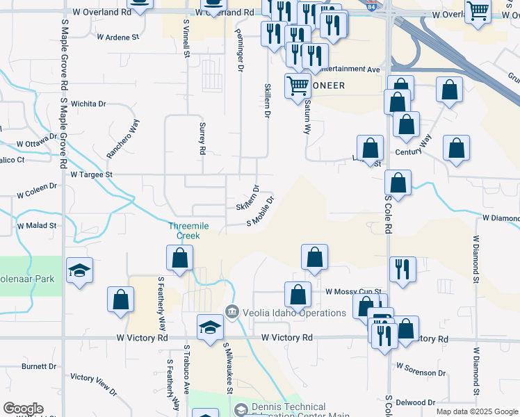 map of restaurants, bars, coffee shops, grocery stores, and more near 2370 South Mobile Drive in Boise