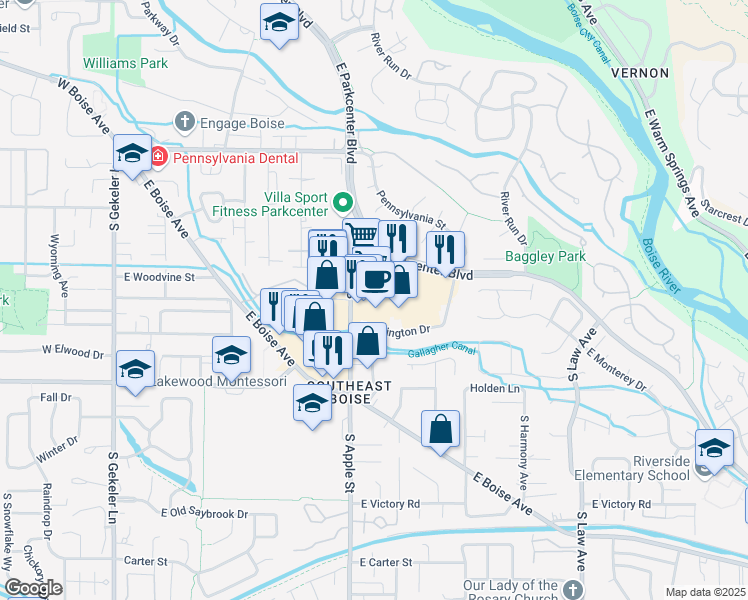 map of restaurants, bars, coffee shops, grocery stores, and more near 909 East Parkcenter Boulevard in Boise