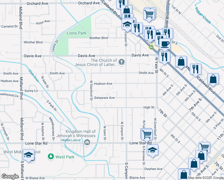 map of restaurants, bars, coffee shops, grocery stores, and more near 223 Hudson Avenue in Nampa