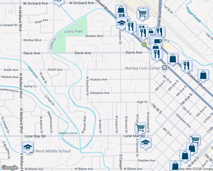 map of restaurants, bars, coffee shops, grocery stores, and more near 226 Delaware Avenue in Nampa