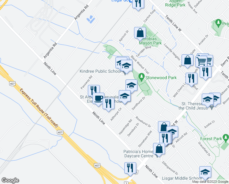 map of restaurants, bars, coffee shops, grocery stores, and more near 3696 Waterfall Crescent in Mississauga