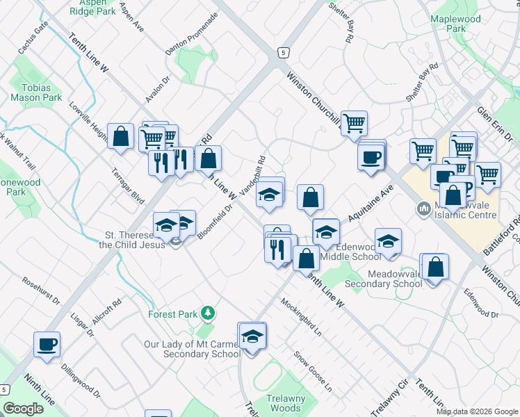 map of restaurants, bars, coffee shops, grocery stores, and more near 3178 Harris Crescent in Mississauga