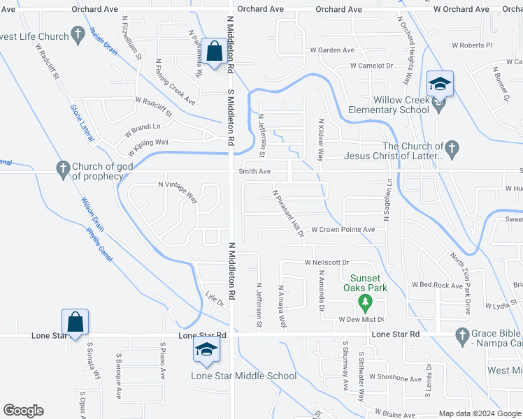 map of restaurants, bars, coffee shops, grocery stores, and more near 2452 West Bay Pointe Avenue in Nampa