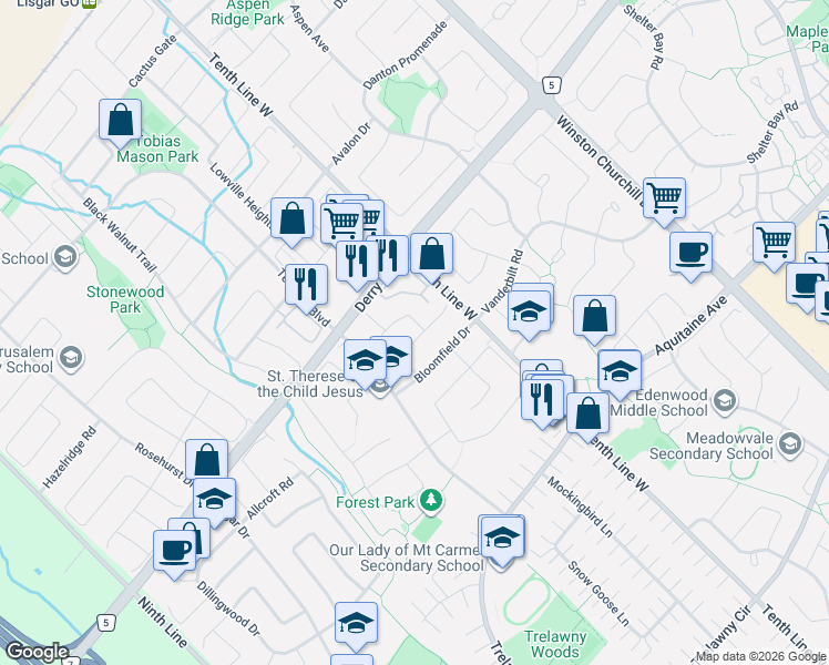 map of restaurants, bars, coffee shops, grocery stores, and more near 3246 Fanleaf Drive in Mississauga