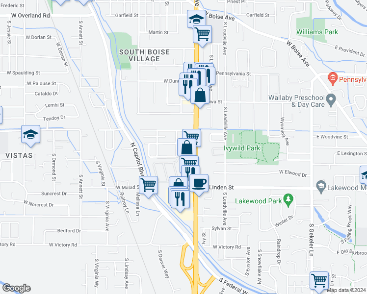 map of restaurants, bars, coffee shops, grocery stores, and more near 1000-1078 West Ivywild Street in Boise