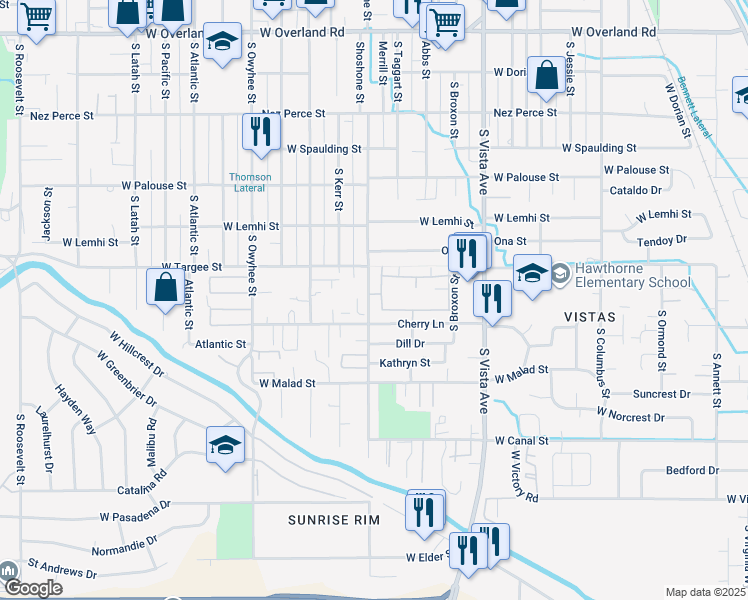 map of restaurants, bars, coffee shops, grocery stores, and more near 2376 South Shoshone Street in Boise