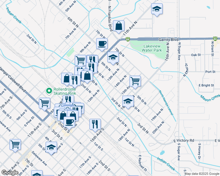 map of restaurants, bars, coffee shops, grocery stores, and more near 14th Avenue North in Nampa