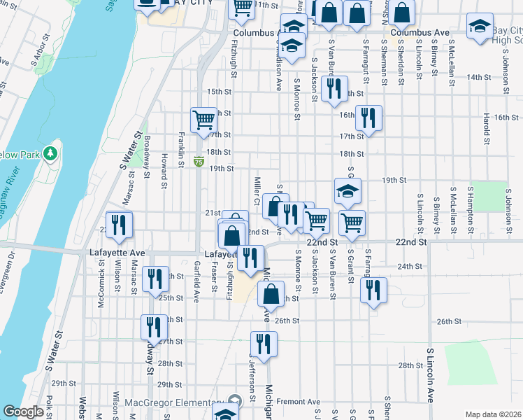 map of restaurants, bars, coffee shops, grocery stores, and more near 1021 21st Street in Bay City