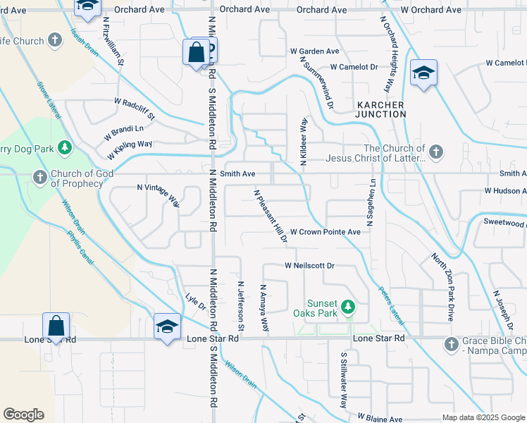 map of restaurants, bars, coffee shops, grocery stores, and more near 75 North Pleasant Hill Drive in Nampa