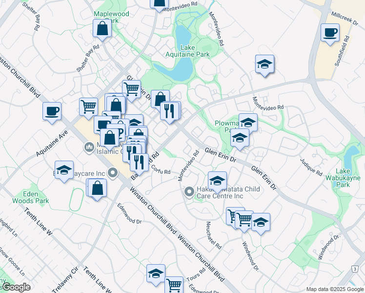 map of restaurants, bars, coffee shops, grocery stores, and more near 6530 Glen Erin Drive in Mississauga