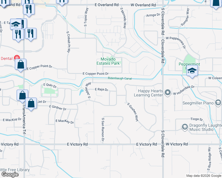 map of restaurants, bars, coffee shops, grocery stores, and more near 2611 South Tristram Way in Meridian